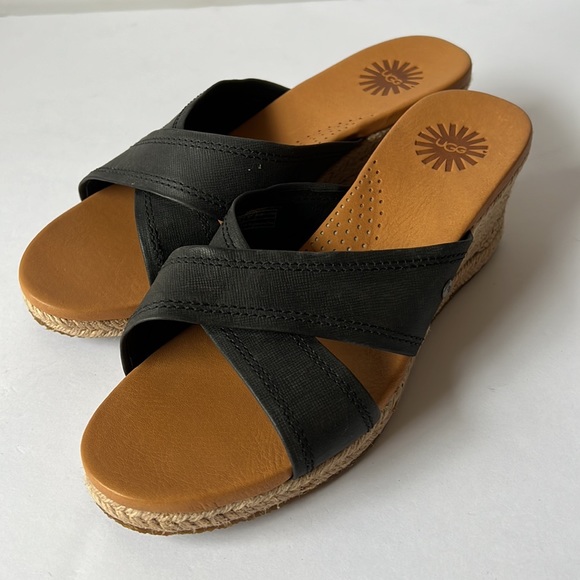 Ugg Sandal Black Leather Wedge New 6 - Picture 3 of 12